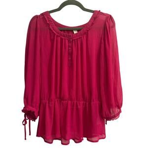 Old Navy Size Large L Hot Pink Sheer Skirted Waist Peasant Top Blouse